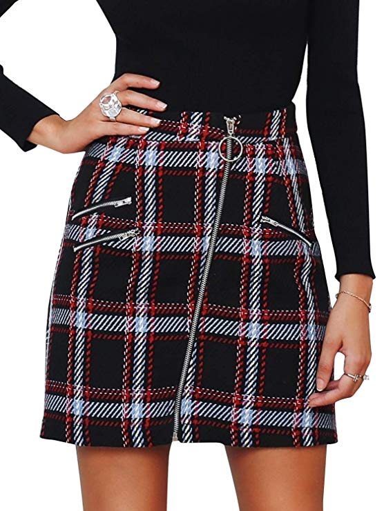 Simplee Women's Elegant Plaid Tweed High Waist Zipper Front A Line Mini Skirt