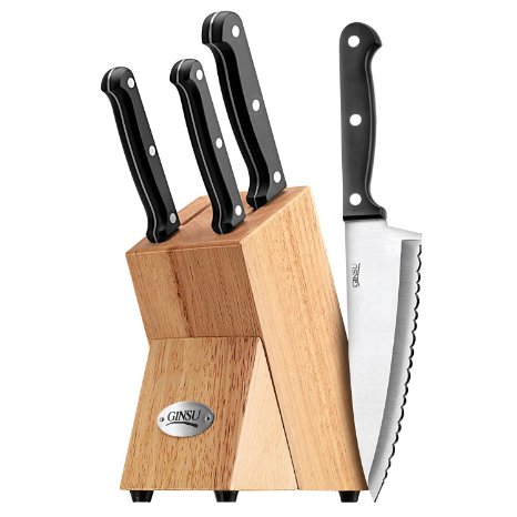 Ginsu Essential Series 5-Piece Stainless Steel Knife Prep Set with Triple Riveted Full Tang Handles and Natural Hardwood Block 4852