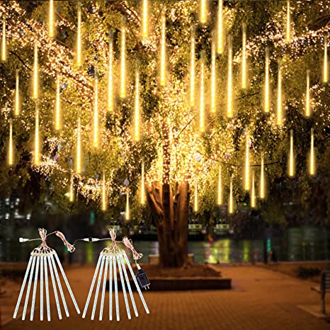 2-Pack Extendable Meteor Shower Christmas Lights Outdoor, 16 Tubes 384 LEDs Plug in String Lights for Christmas Decorations Outdoor Tree Decor Garden Patio Holiday (Warm White)