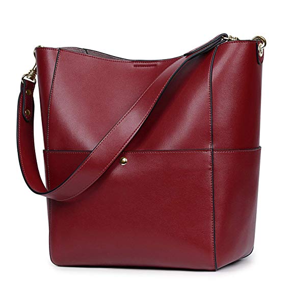 S-ZONE Women Vintage Genuine Leather Bucket Tote Shoulder Bag Hobo Handbag Purse