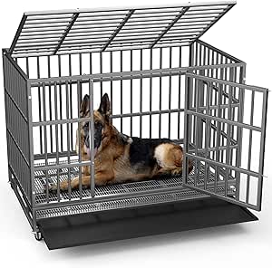 LEMBERI 42 inch Heavy Duty Indestructible Dog Crate, Escape Proof Dog Cage Kennel with Lockable Wheels,High Anxiety Double Door Dog Crate,Extra Large Crate Indoor for Large Dog with Removable Tray