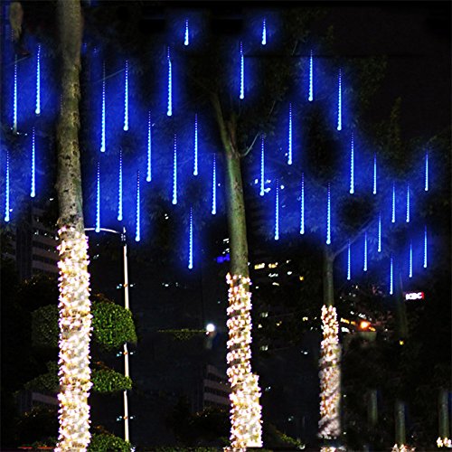 Alkbo Blue Color Meteor Shower Rain Lights Waterproof String for Wedding Party Christmas Xmas Decoration Tree Party Garden Xmas String Light Outdoor 10FT 8 Tube