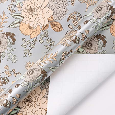 WRAPAHOLIC Wrapping Paper Roll - The Vintage Floral Printed on Silver Pearlized Paper,Perfect for Wedding, Birthday, Holiday, Baby Shower Wrap - 30 inch x 33 feet