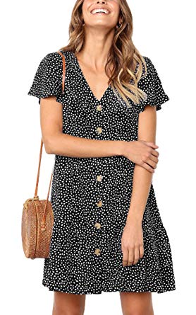 Angashion Women's Dresses-Short Sleeve V Neck Button T Shirt Mini Skater Dress