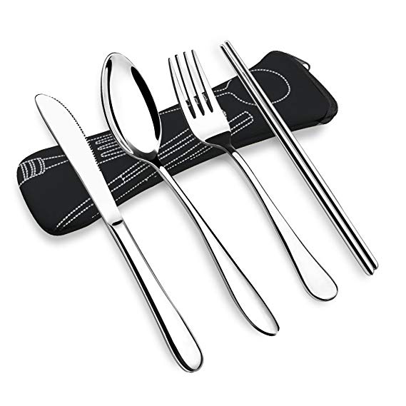 VICBAY 4 Pieces Stainless Steel Flatware Set, Knife Fork Spoon Chopsticks Set, Travel Camping Cutlery Set with Neoprene Case, Reusable Lunch Box Utensils, Portable Travel Silverware Set