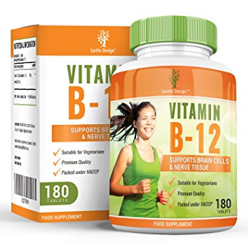 Vitamin B12, Methylcobalamin, 1000 μg, High Strength Complex for B12 Deficiency, Vit B 12 Brain Supplement that Helps with Memory and Nerve Support - 180 Tablets