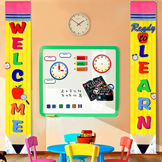 Back to School Decoration First Day of School Banner Welcome School Bulletin Board Porch Sign Welcome Classroom Banner Teacher Banner for Indoor/Outdoor School Decoration School Party (Yellow)