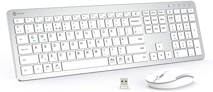 iClever GK08 Wireless Keyboard and Mouse - Rechargeable Wireless Keyboard Ergonomic Full Size Design with Number Pad, 2.4G Stable Connection Slim White Keyboard and Mouse for Windows, Mac OS Computer