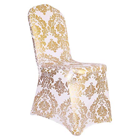 Desirable Life 1/4/6/10 PCS Bronzing Gold Print Flower Removable Washable Spandex Chair Cover Set (Gold White, 1)