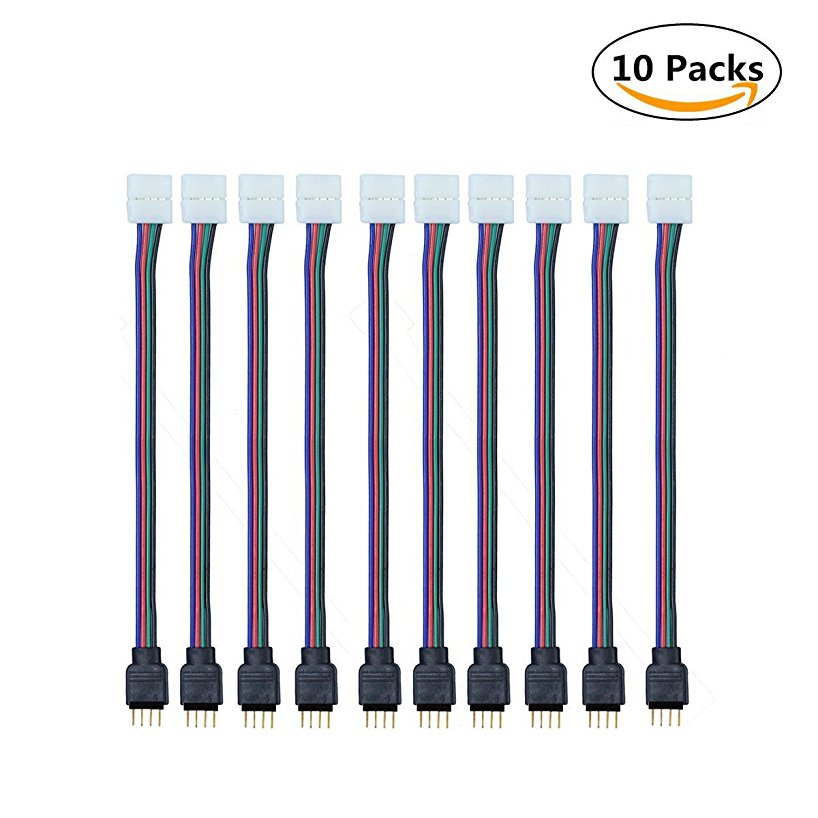 iCreating 10PCS LED 5050 RGB Strip Light Connector 4 Pin Conductor 10 mm Wide Strip to Controller Jumper Solderless Clamp On Pigtail Adapter for 5050 Color Changing Flexible LED Strip light