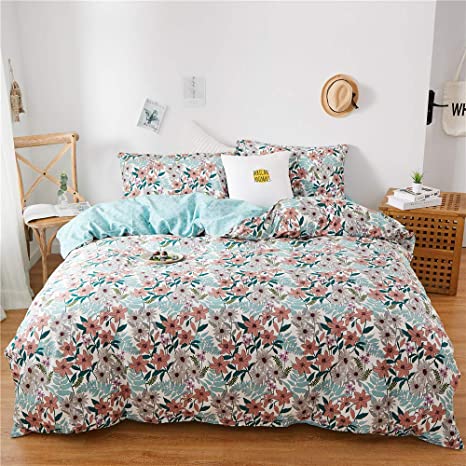 STACYPIK 3 Pieces Leaves Flowers Duvet Cover Pattern Printed and Pillowcases Set Tropical Bedding Modern Botanical Cotton,Navy Blue on Reverse (Twin Size)