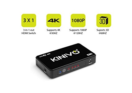 Kinivo K301 Premium 3-Port High Speed 4K HDMI Switch with IR Wireless Remote and AC Power Adapter - Supports Resolutions Up To 4K UltraHD & 3D
