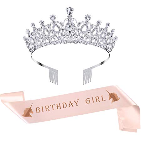 SATINIOR Birthday Crown Rhinestone Crystal Decoration Headband Prom Queen Crown with Rose Gold Birthday Girl Sash (Silver)