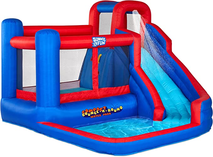 Sunny & Fun Compact Bounce-A-Round Inflatable Water Slide Park – Heavy-Duty for Outdoor Fun - Climbing Wall, Slide & Splash Pool – Easy to Set Up & Inflate with Included Air Pump & Carrying Case