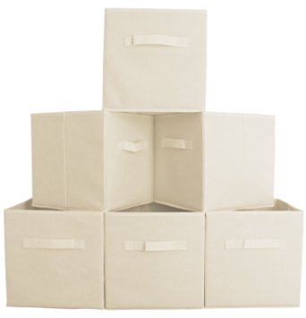 Premium Quality Fabric Cube Storage Bins, Set of 6 - Beige Foldable Baskets with Dual Handles