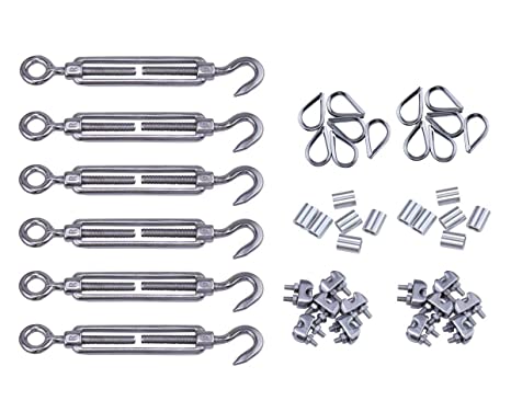 Muzata 1/8" Cable Railing Kit 6PACK, Inluded M6 Stainless Steel Hook Eye Turnbuckle 6Pcs,M3 Wire Rope Cable Clip Clamp 12Pcs,M3 Aluminum Crimping Loop 12Pcs, M3 Stainless Steel Thimble 12Pcs NK10