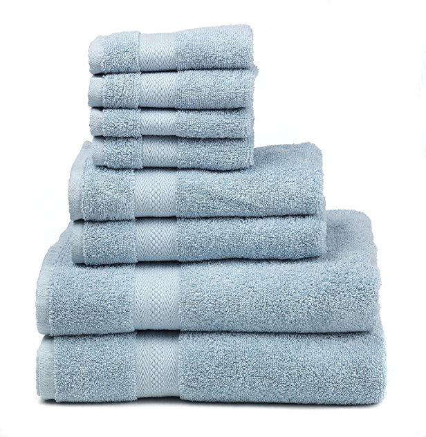 Premium 100% Cotton 8-Piece Towel Set (2 Bath Towels 30" X 52", 2 Hand Towels 16" X 28" and 4 Washcloths 12" X 12") - Natural, Soft and Ultra Absorbent (Blue)