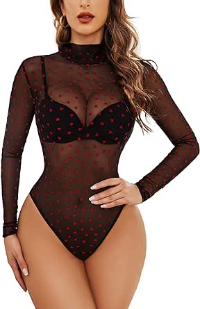 Avidlove Long Sleeve Bodysuit for Women Turtleneck Sheer Mesh Bodysuit Geo Print Leotards