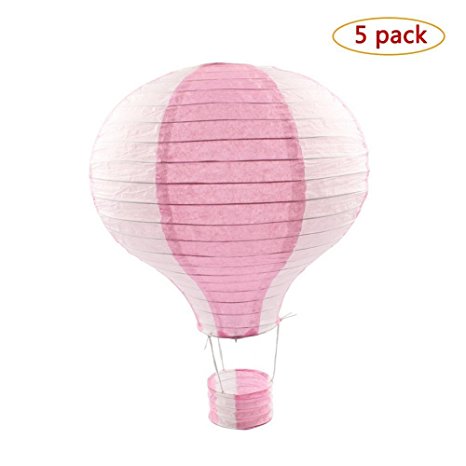 Party Supplies - Lot Hot Air Balloon Paper Lantern Decoration Pom Poms Pompoms Decoration Wedding Birthday Party Nursery Decoration Parties Favor Party Decor - Set of 5 (12inch, Light Pink)