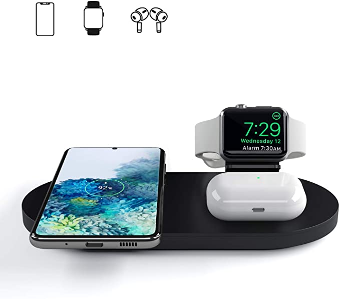 seacosmo Wireless Charger, 3 in 1 Wireless Charging Station for Apple Watch, AirPods (Pro), 7.5W Qi Fast Charge for iPhone SE 2020/11/Pro/Xs Max/XR/XS/8/Plus, Galaxy S20/S10 All Qi-Enabled Phones