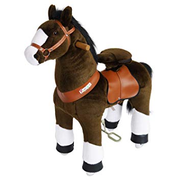 PonyCycle Official Riding Horse Toy Chocolate Brown with White Hoof Giddy up Pony Plush Toy Walking Animal for Age 3-5 Years Small Size - N3152