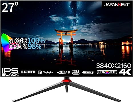 JAPANNEXT JN-27IPSB4FLUHDR-HSP 27インチ IPS BLACK 4K(3840x2160) 液晶モニター 4辺フレームレス 昇降式スタンド採用 USB-C(最大65W給電)対応 HDMI DP KVM機能 sRGB100% DCI-P3 98%