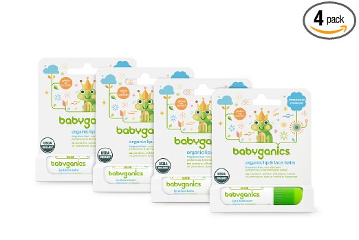 Babyganics Organic Lip and Face Balm, Fragrance Free, 0.25oz Stick (Pack of 4)