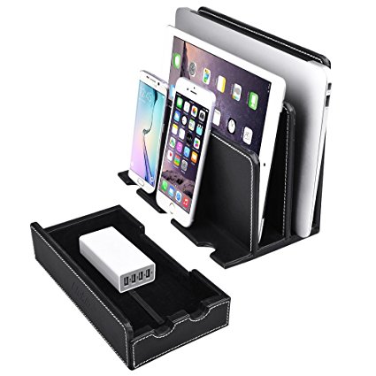 Elekin Multiple Devices Charging Organization Station Dock for Multi-Port USB Charger Cell Phones Tablets - Black PU Leather