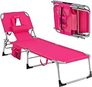 Giantex Beach Chair Chaise Lounge - Tanning Chair with Face Arm Hole, Detachable Pillow, Adjustable Backrest, Side Pocket, Carry Handle, Outdoor Folding Lounge Chair, Sunbathing Chair (1, Pink)