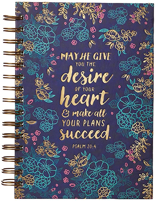 Christian Art Gifts Large Hardcover Notebook/Journal Desire Of Your Heart – Psalm 20:4 Bible Verse Blue Floral Inspirational Wire Bound Spiral Notebook w/192 Lined Pages, 6” x 8.25”