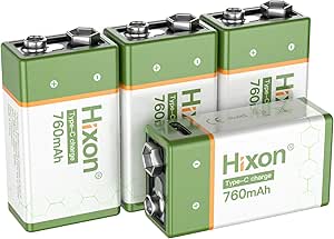 Hixon USB 9V Rechargeable Lithium Batteries - Long-Lasting 760mAh 9 Volt LI-ion Batteries with Type C Charging Cable - for Alarms Wireless Microphones Smoke Detectors Toys - 4 Pack