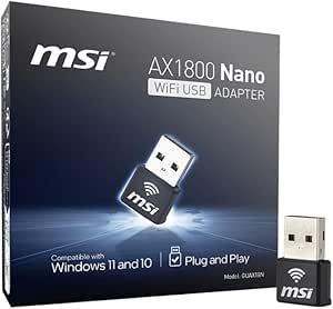 MSI AX1800 Nano WiFi USB Adapter - WiFi 6, up to 1800 Mbps, 2.4G/5G Dual-Band Wireless Network, WPA3 encryption, MU-MIMO, OFDMA, 2X Dual Antennas, Windows 11/10