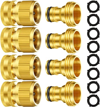 Garden Hose Quick Connect Fittings Solid Brass Quick Connector 3/4 Inch GHT Garden Water Hose Connectors with Extra Rubber Washers, Male and Female (4 Set)