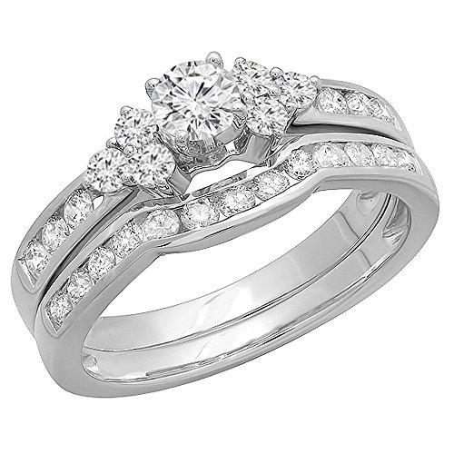 1.10 Carat (ctw) 14K White Gold Round White Diamond Engagement Bridal Ring Set 1 CT