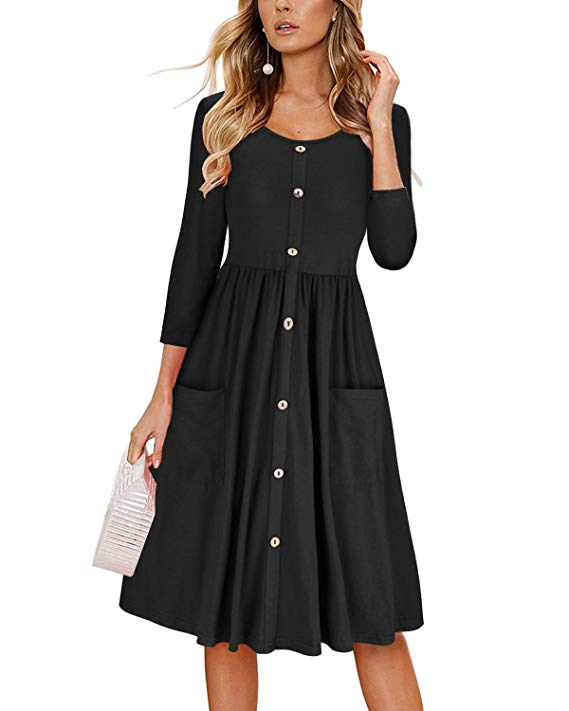 OUGES Women's Long Sleeve V Neck Button Down Skater Dress with Pockets