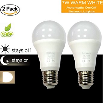 Dusk to Dawn Light Bulb, Sensor Light Bulbs Smart Porch Light Socket Sensor 7W A19 E26 E27(Auto on/off)Indoor / Outdoor Yard Porch Patio Garage Garden (Warm White, 2 pack)
