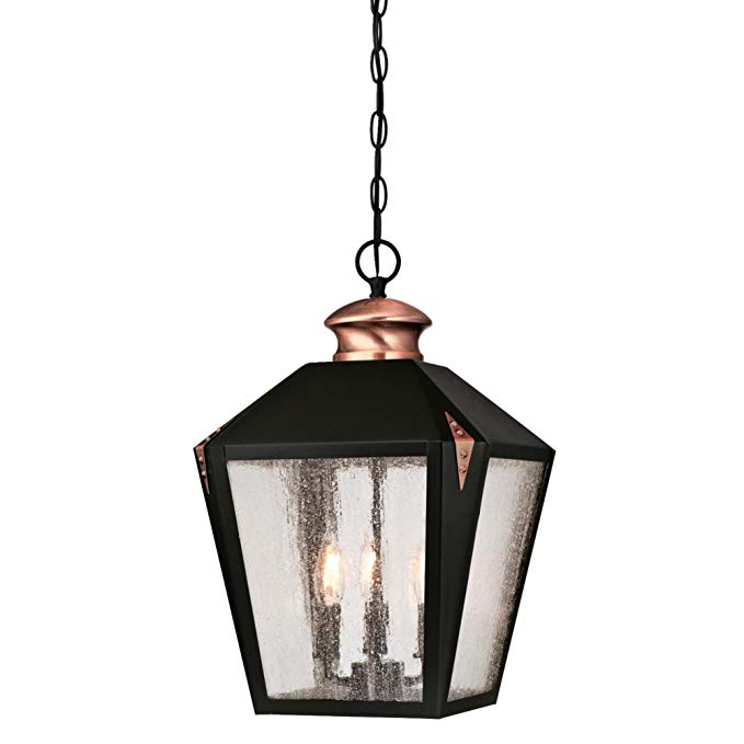 Westinghouse Lighting 6339100 Valley Forge Three-Light Outdoor Pendant, Matte Black Finish with Washed Copper Accents and Clear Seeded Glass