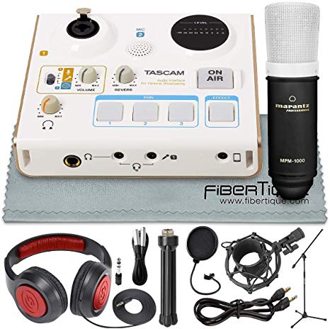 Tascam US-32 MiniStudio Personal Audio Interface Online Podcast/Broadcasts and more W/Platinum Aux Cable   Stereo Headphones   Large-Diaphragm Microphone & Stand   Pop Filter   Fibertique Cloth