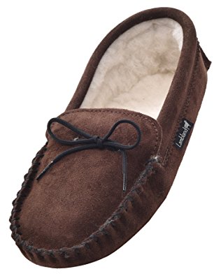 Lambland Mens Sheepskin Suede Moccasin Slippers with Suede Sole