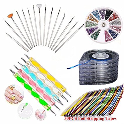 JOYJULY Nail Art Kit includes 30 Striping tape & 5Pcs Striping Roller Box & 12 Colors Rhinestones & 5pcs Dotting Pen & 15pcs Brush Set