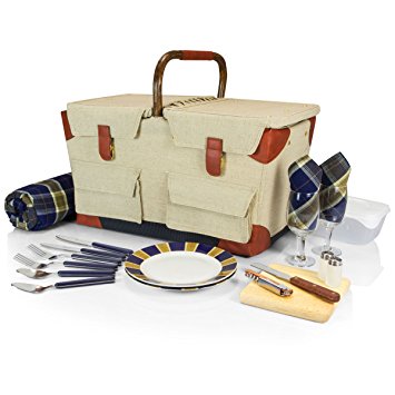 Picnic Time Pioneer Picnic Basket with Deluxe Service for Two, Tan/Navy