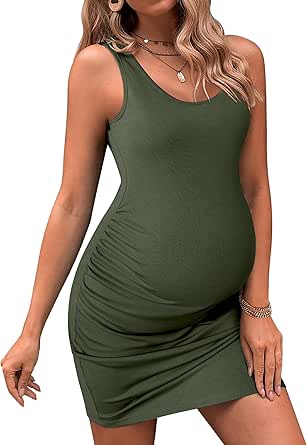 Ekouaer Womens Summer Maternity Dress Side Ruching Sleeveless Bodycon Dress Cute Pregnancy Dress S-XXL