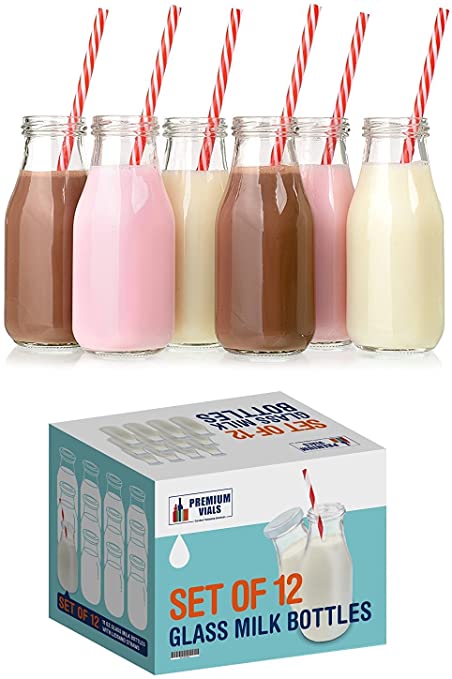 Premium Vials, 11 Oz Glass Milk Bottle Set of 12 - Includes Reusable White Lids and Straws