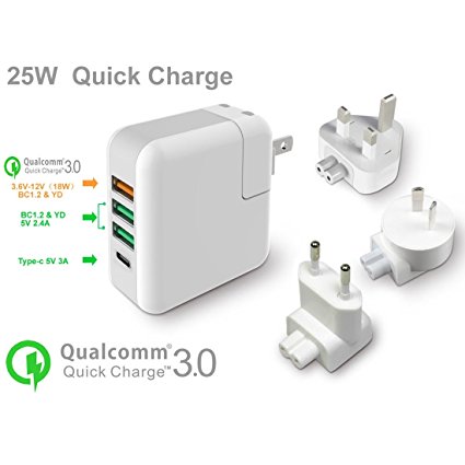 Travel Charger, USB Wall International Charging Station, Lightweight Portable Adaptor (UK,US,EU,AU) 3 USB Port   Type C Quick Charge Adaptor for iPhone, Mobile Phones, Tablet - White, by Fone Stuff