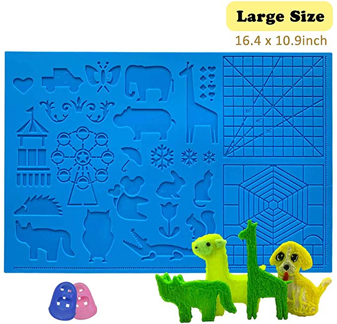 3D Pen Mat 16.4 x 10.9 inch, large 3D Printing Pen Silicone Design Mat with basic and animal patterns,upgraded Silicone Mat with 2 finger protectors, 3D Pens Drawing Tools for kids and 3D pen artists