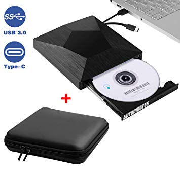 Automoness External DVD Drive with Protective Carrying Case, USB 3.0 & Type-C Dual Port High Speed Portable CD Driver, Optical DVD Rewriter Burner Writer for Laptop/Mac/Windows/Desktop