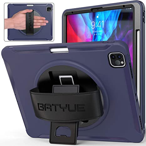 BATYUE iPad Pro 12.9 2020 & 2018 Case [Support 2nd Gen Pencil Wireless Charging] [360° Rotating Kickstand & Leather Hand Strap] [Shock Proof] High Impact Resistant Heavy Duty Rugged Case (Blue)