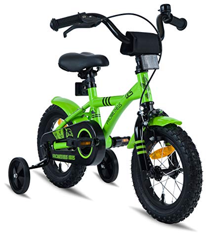 PROMETHEUS Kids bike 12 inch Boys and Girls in Green & Black with stabilisers | Aluminum Calliper brake and backpedal brake | including security package | as from 3 years | 12“ BMX Edition 2018