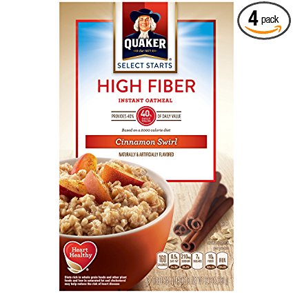 Quaker Instant Oatmeal, High Fiber, Cinnamon Swirl, Breakfast Cereal, 8 -1.58 oz Packets Per Box (Pack of 4)