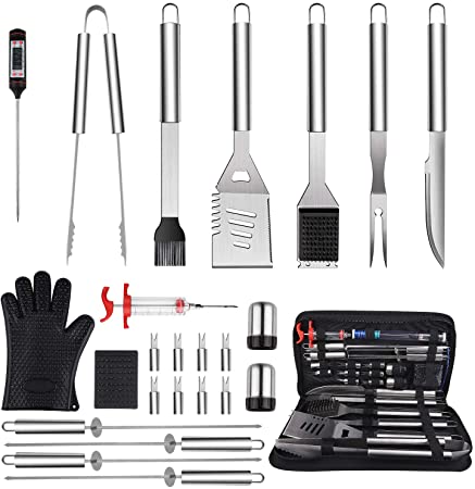 BearMoo BBQ Grilling Accessories Grill Tools Set, 25 PCS Stainless Steel Grilling Kit for Men Women, Barbecue Utensil for Camping, Kitchen,with Thermometer and Meat Injector